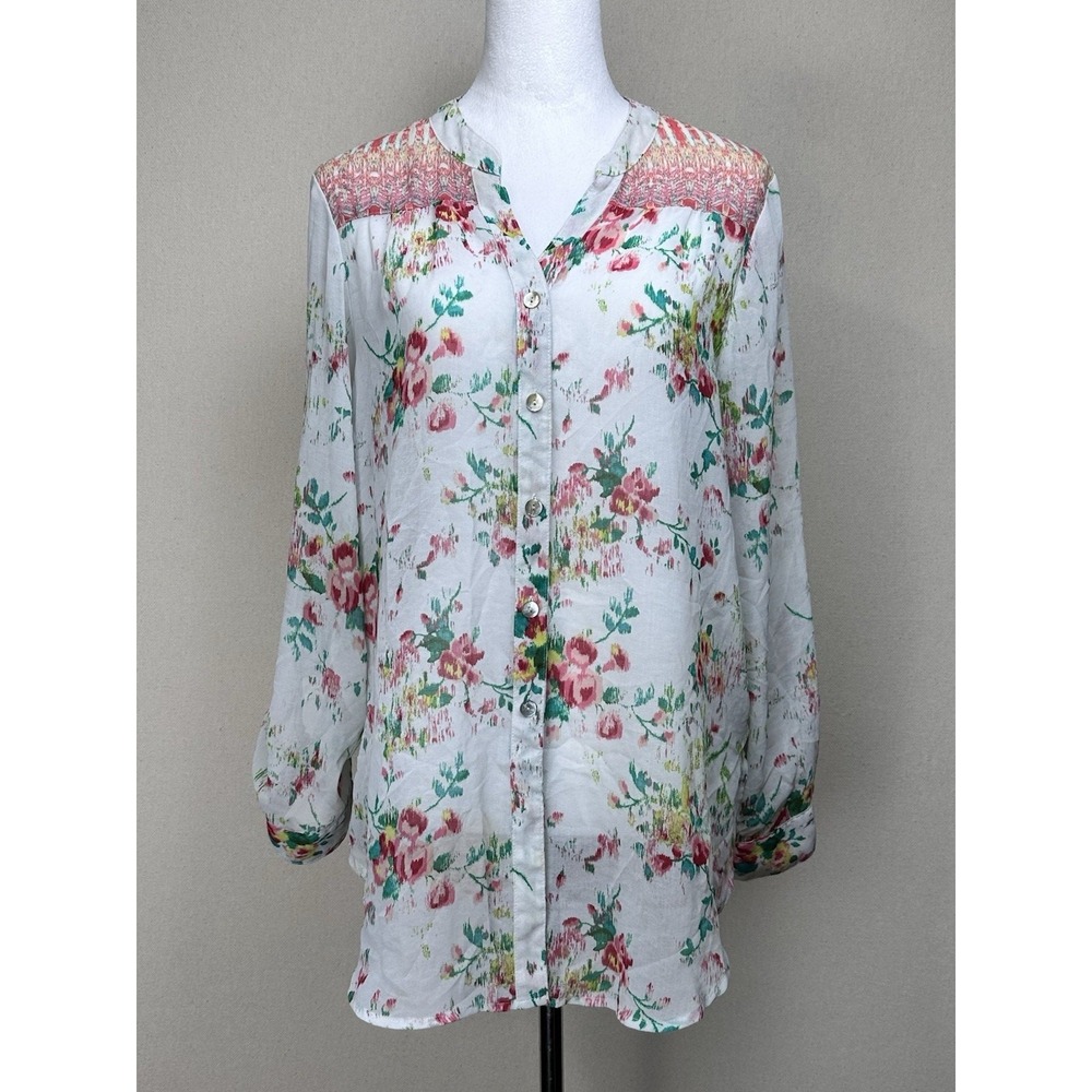 Figueroa & Flower Womens Blouse XL White Floral Mixed Print Button Tunic
